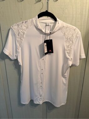 Montar Equestrian Women’s White Lace-Shoulder Short Sleeve Riding Shirt